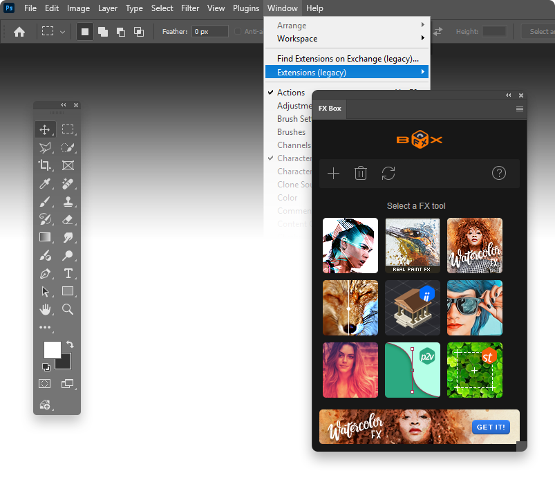FX Box legacy Photoshop extension panel screenshot