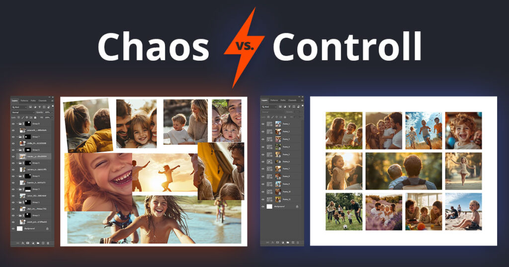 Photoshop collages: chaotic manual layout contrasted with a clean structured collage design