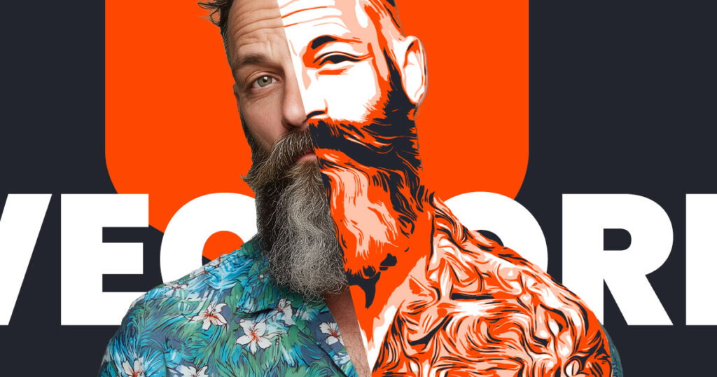 Before-and-after comparison showing a photo transformed into a clean vector portrait for T-shirts, stencils, and screen printing.