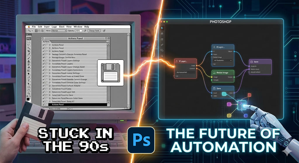Split screen comparison showing outdated 90s Actions list versus modern node-based Photoshop Automation