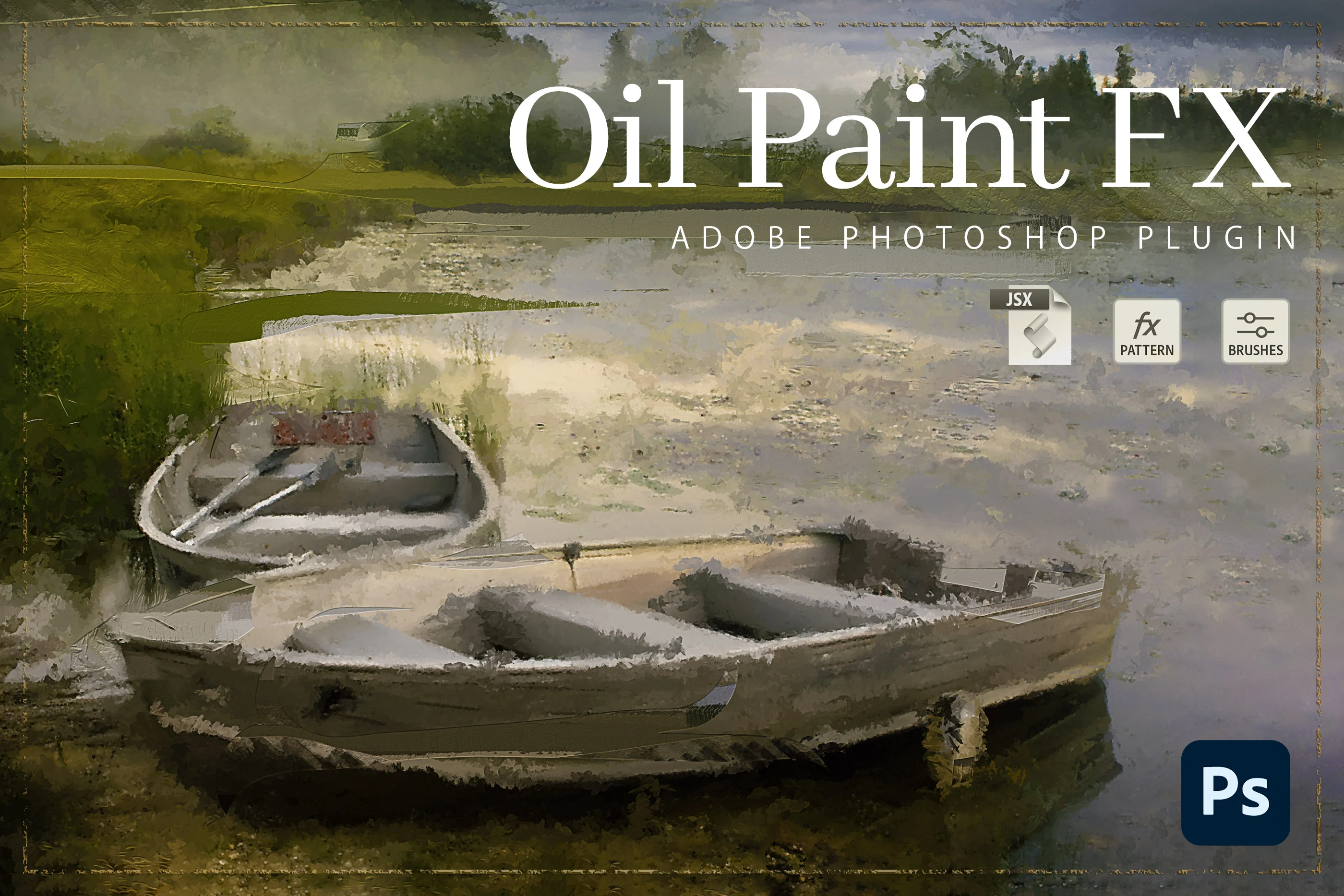 Screenshot of Oil Paint FX Photoshop plugins transforming a standard photo into a realistic oil painting.