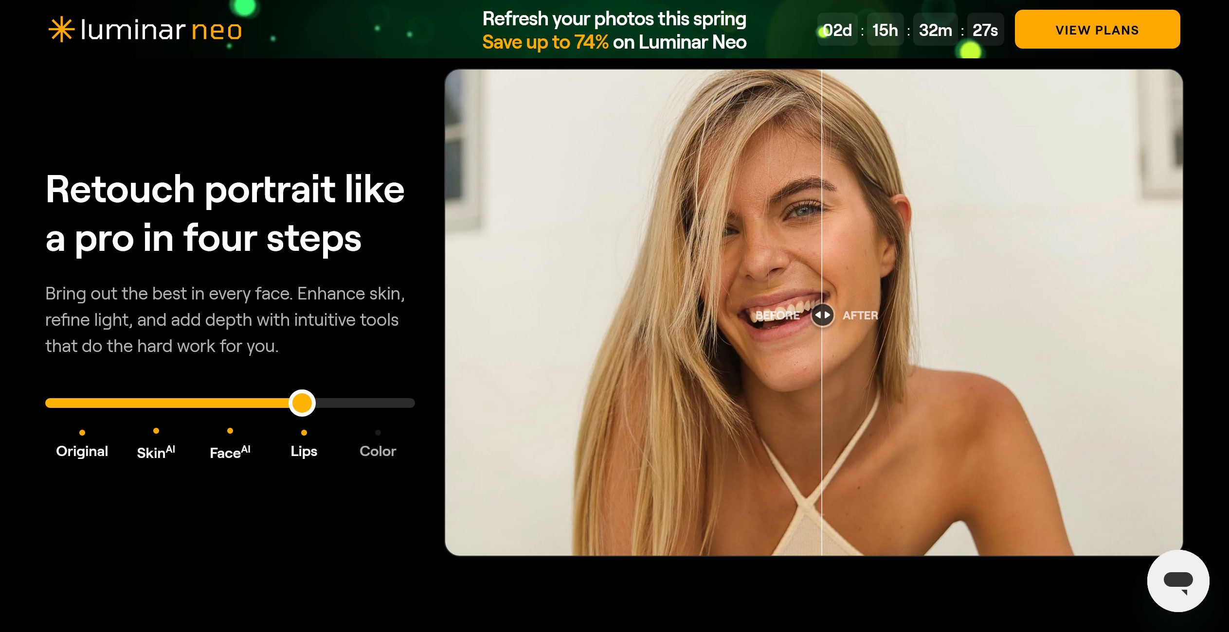 Screenshot of Luminar Neo Photoshop plugins using Sky AI to replace a dull background with a dramatic sunset.