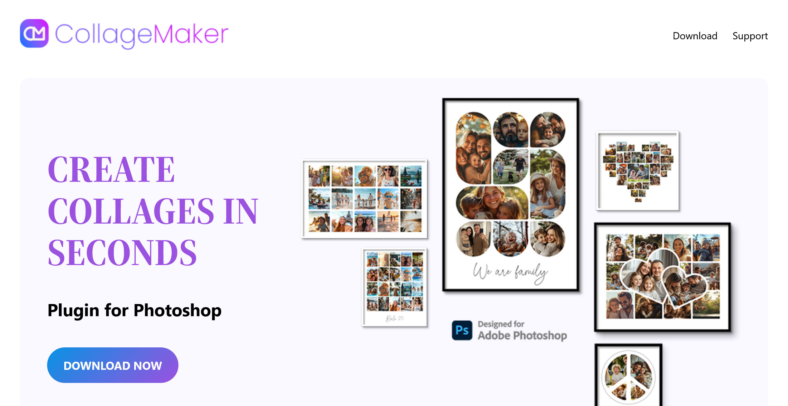 Screenshot of The Orange Box Photo Collage Maker website - unrivaled Photoshop plugins for automated grids and layouts.