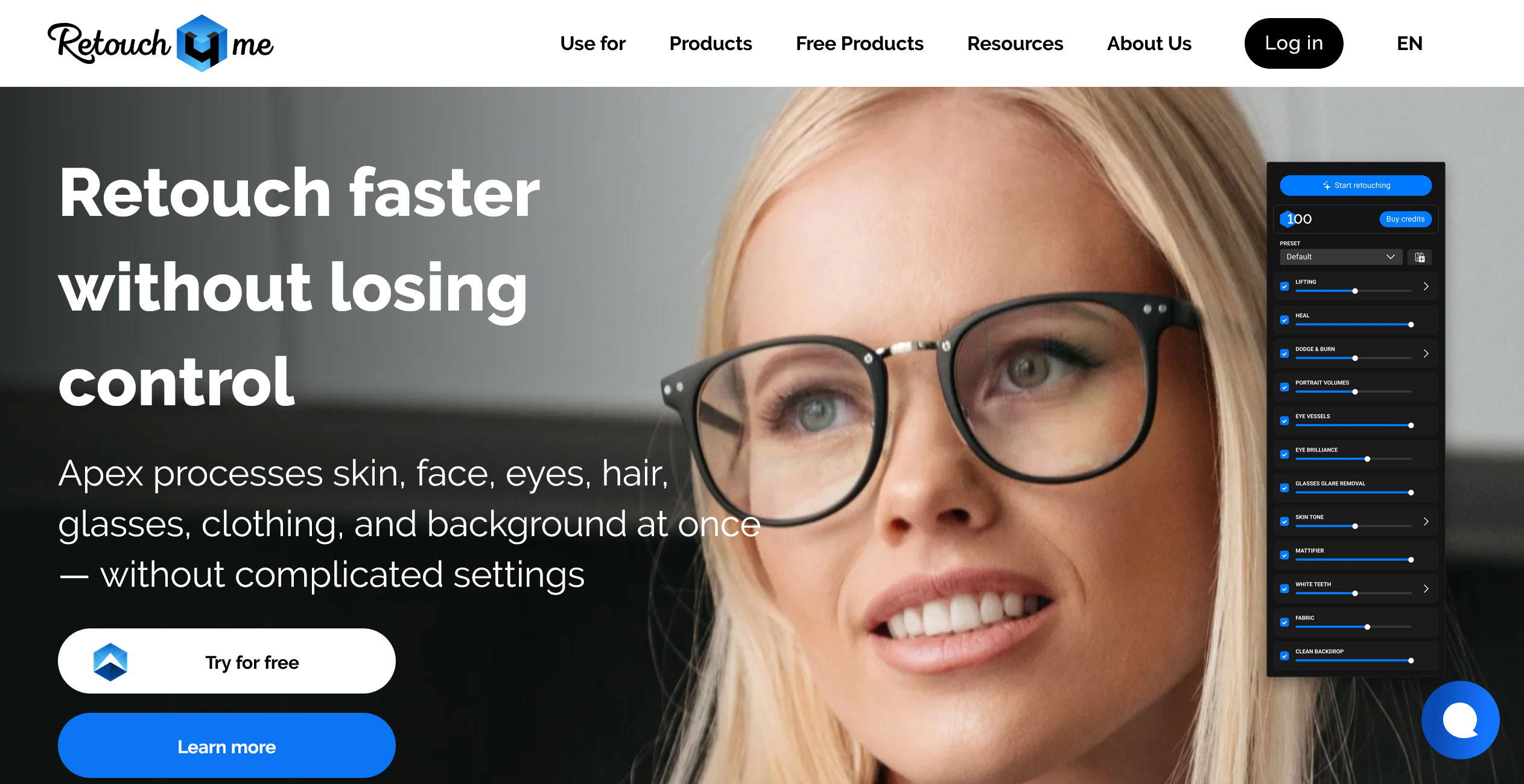 Screenshot of Retouch4me AI Photoshop plugins automatically retouching a portrait while preserving natural skin texture.
