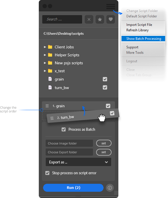 Script Pilot interface demonstrating drag-and-drop to rearrange the Photoshop script queue for batch processing.