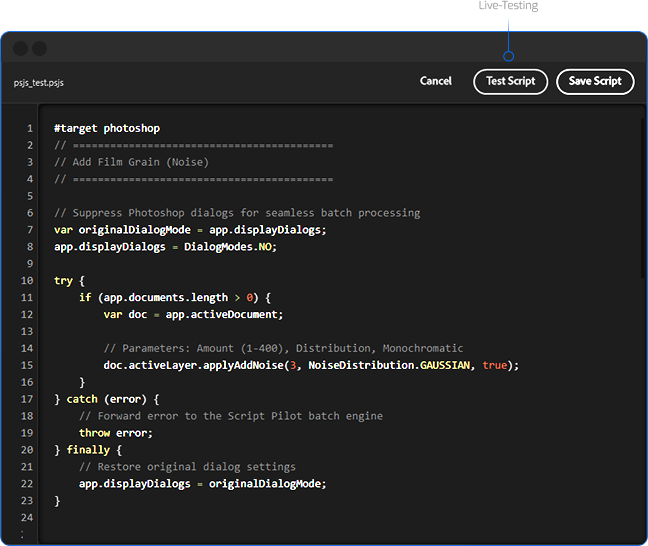 Script Pilot's integrated code editor showing syntax highlighting and the live-testing feature for Photoshop scripts.