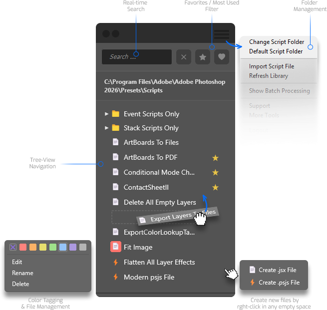 Script Pilot interface demonstrating drag-and-drop to rearrange the Photoshop script queue for batch processing.